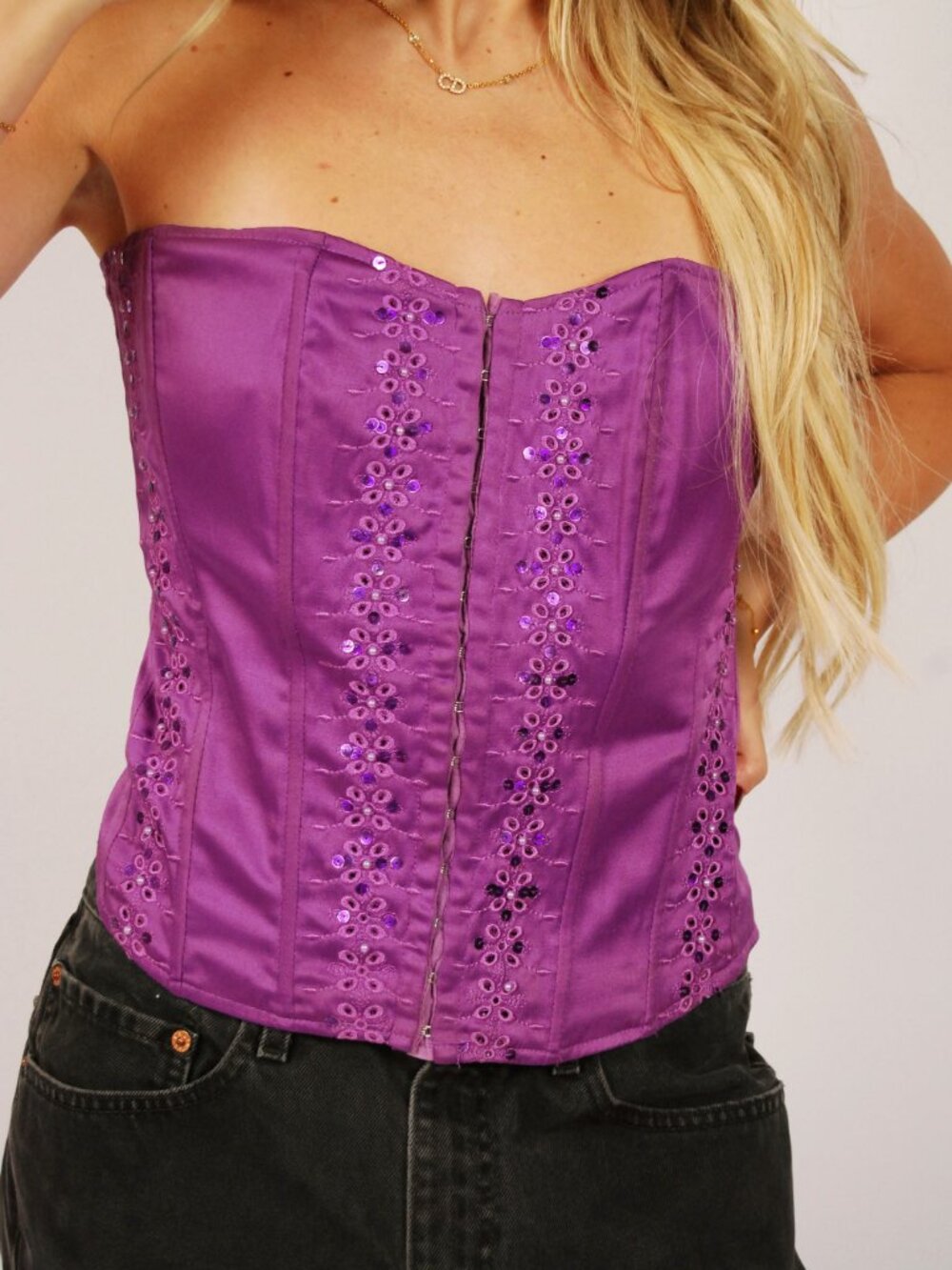 Y2K Sequin Corset (M) medium purple vintage top lingerie sexy full length beaded - Picture 7 of 9